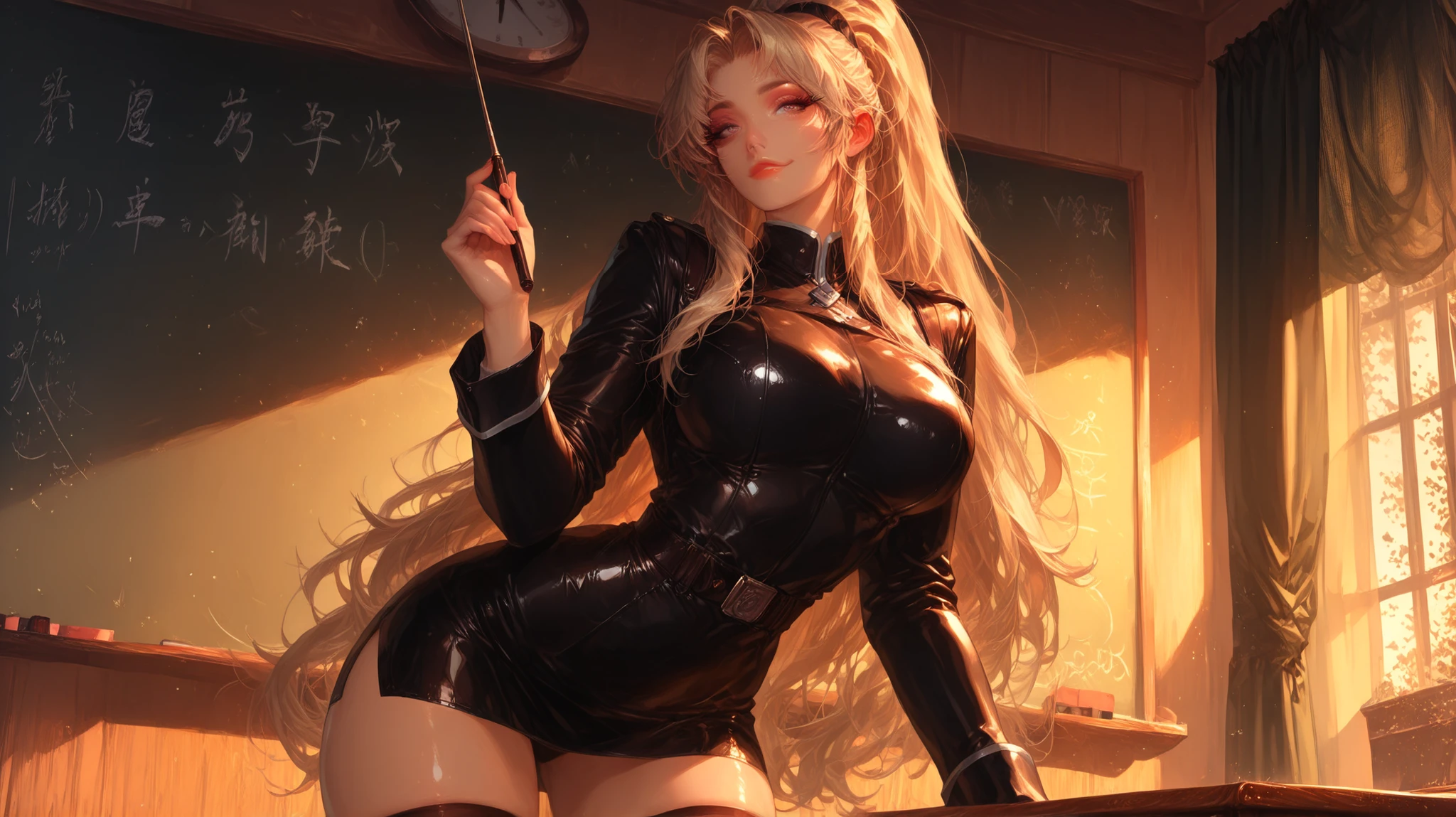 saeki kaori (bible black) a beautiful mature woman holding a long wooden pointer in one hand while teaching, a woman appears to be in her mid-twenties, long blonde hair with parted bangs, calm and kind expression with a faint smile, wearing a modern military-inspired uniform softened, standing in front of a large chalkboard with lesson notes, her body is slim and toned, tight leather mini skirt, Female Instructor, military uniform, 1girl, unrivaled beauty, ufotable, parted bangs, streaked hair, high ponytail, large breasts, eyeshadow, indoors, teacher, thighhighs, zettai ryouiki , lipstick, looking at viewer, cute, alive, very long hair, gradient hair, beautiful face, beautiful hair,highly detailed anime style, perfect hands, ((high_quality)), ((Super_Detailed)), dynamic pose, skindentation,,(highly detailed), shiny_skin,intricate, vivid eyes, detailed eyes, long eyelashes, beautiful eyes, beautiful face, beautiful hair,((4k,8k,Ultra HD)),((Masterpiece :1.2)),((Best quality :1.2)),((Detailed :1.5)),((Detailed background :1.5))