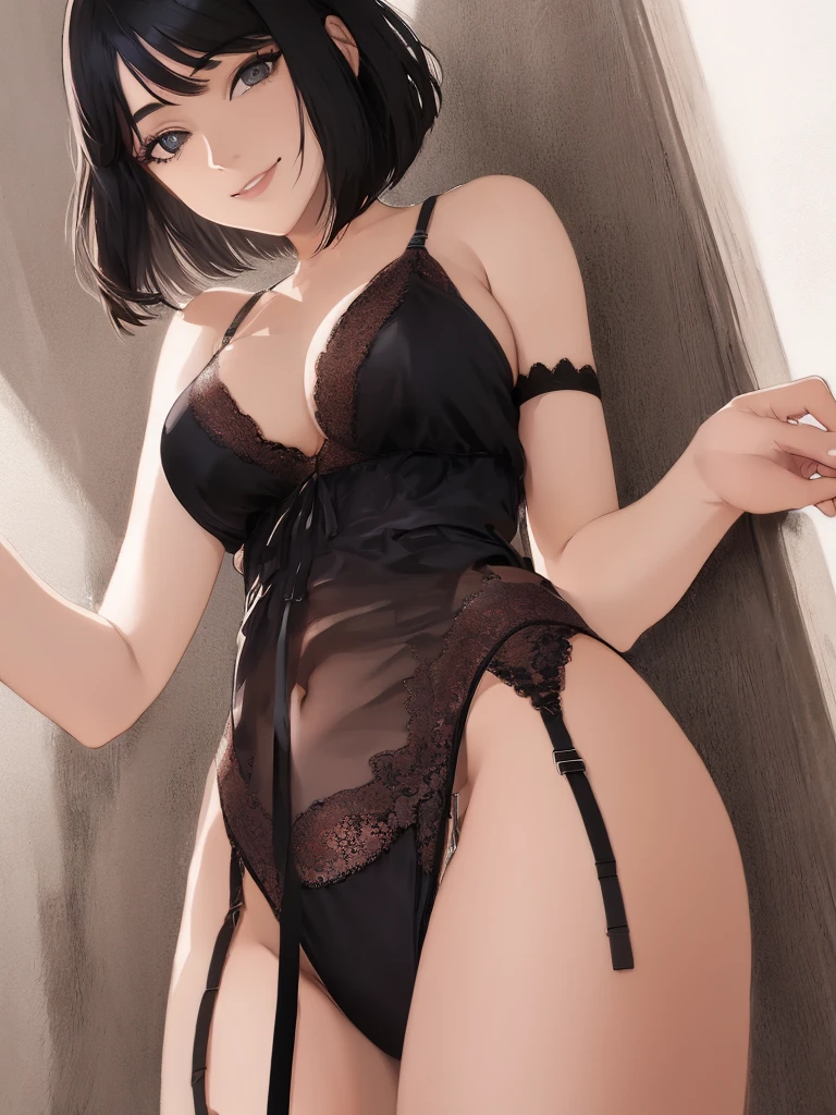 (highly detailed body, slim body, highly detailed face, best quality: 1.2), a beautiful woman, small chest, look at the viewer, open legs( transparent bra, panties), (short hair, disheveled hair, black hair),