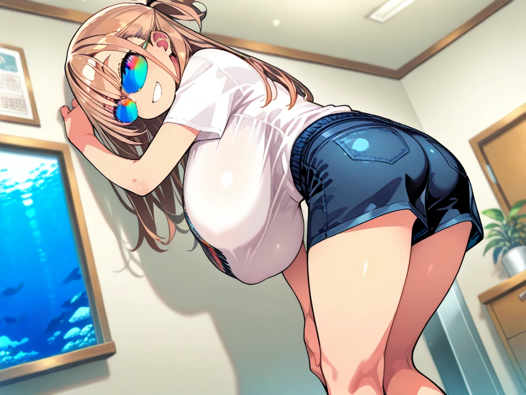 ((Highest quality)), ((masterpiece)), (detailed), Perfect Face、NSFW、Big Breasts、Squat、Leg spread、((M字Leg spread))、solo、From below the front、、Ahegao、Fold your arms behind your head、Yuuki Asuna、Striped tiny micro bikini、Striped tiny micro bikini