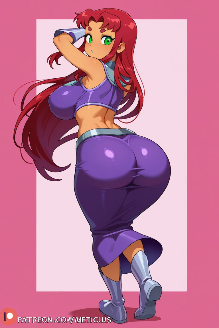 sfw,p1nk2p13c3, bare shoulders, off shoulder, bell bottom pants, ruffle crop top, high-waist pants, pink bell bottom pants, bare arms, pink pants, Fr3ckles, very long ginger hair, long hair, grey eyes, white background,porning