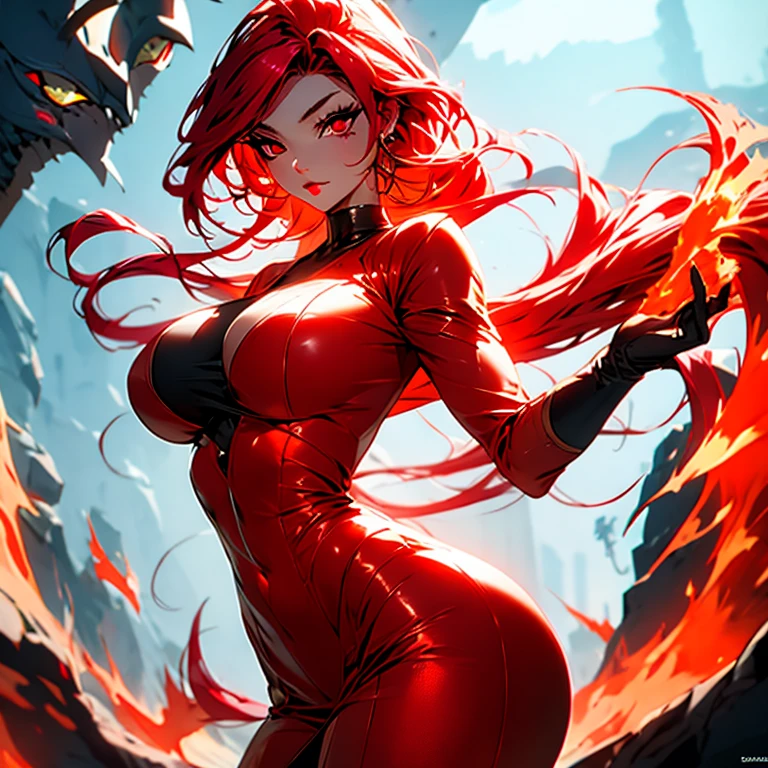 1girl,solo,super detailed skin,shiny skin,natural face, ,eyelashes,lips gloss,red hair,long hair,parted bangs ,forehead,large breasts ,(ninja clothes:1.1), ninja style,fishnet,vinyl body suit,squatting,v arms,spread legs,simple background,fire magic,masterpiece,best quality,ultra detailed,high resolution,sharp focus