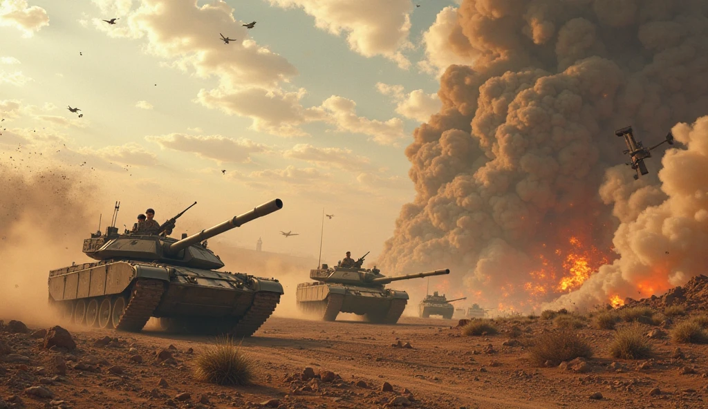 there are many tanks that are going down the street, characters from machinarium, promotional movie still, marc brunet, gameplay screenshot with ui, moloch, filmstill, timbuktu, inspired by Kanō Tan'yū, the artist has used bright --auto --s2