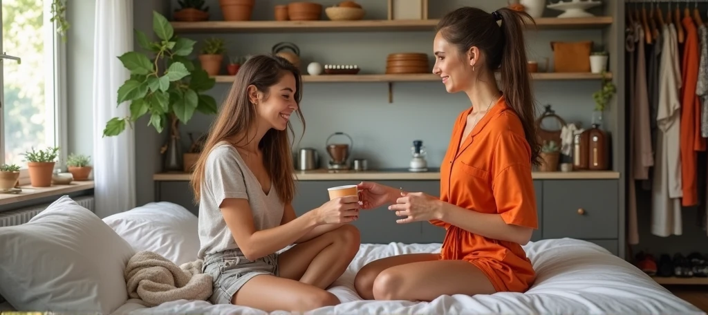 I want an image of two girls that are sitting in front of each other on two different couches and they're discussing. There is a slice of pizza in the hand of one of them and a cup of half tea in the hand of the other one.The one that has a slice of pizza should be stretched on the couch.