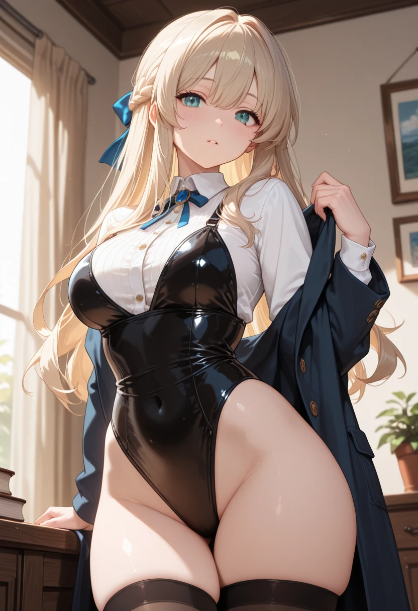 NSFW, (girl),((optimal quality)), ((Masterpiece)), (A detailed: 1.4),face red,perspire The ultimate masterpiece,(fidelity:1.2),(sexy),(Huge chest), Open crotch, Open legs, (Smooth: 1.1), (Cutes: 0.9), (shiny: 1.1),, red lips, cute girl, anime, cute pose, super small translucent lace lingerie,g string mini thong, (big breast), big ass, detailed lines, 8k image, no blur, perfect realistic nipples, sexy closed smile, erotic, super small sexy armor,detailed realistic vagina, michievous smile, hottest girl in the world, dominant gestures, super small short dress, in a classroom, tights, asuna from blue archive game, blonde, cutest girl on earth, micro bra, light blue, gantz like suit