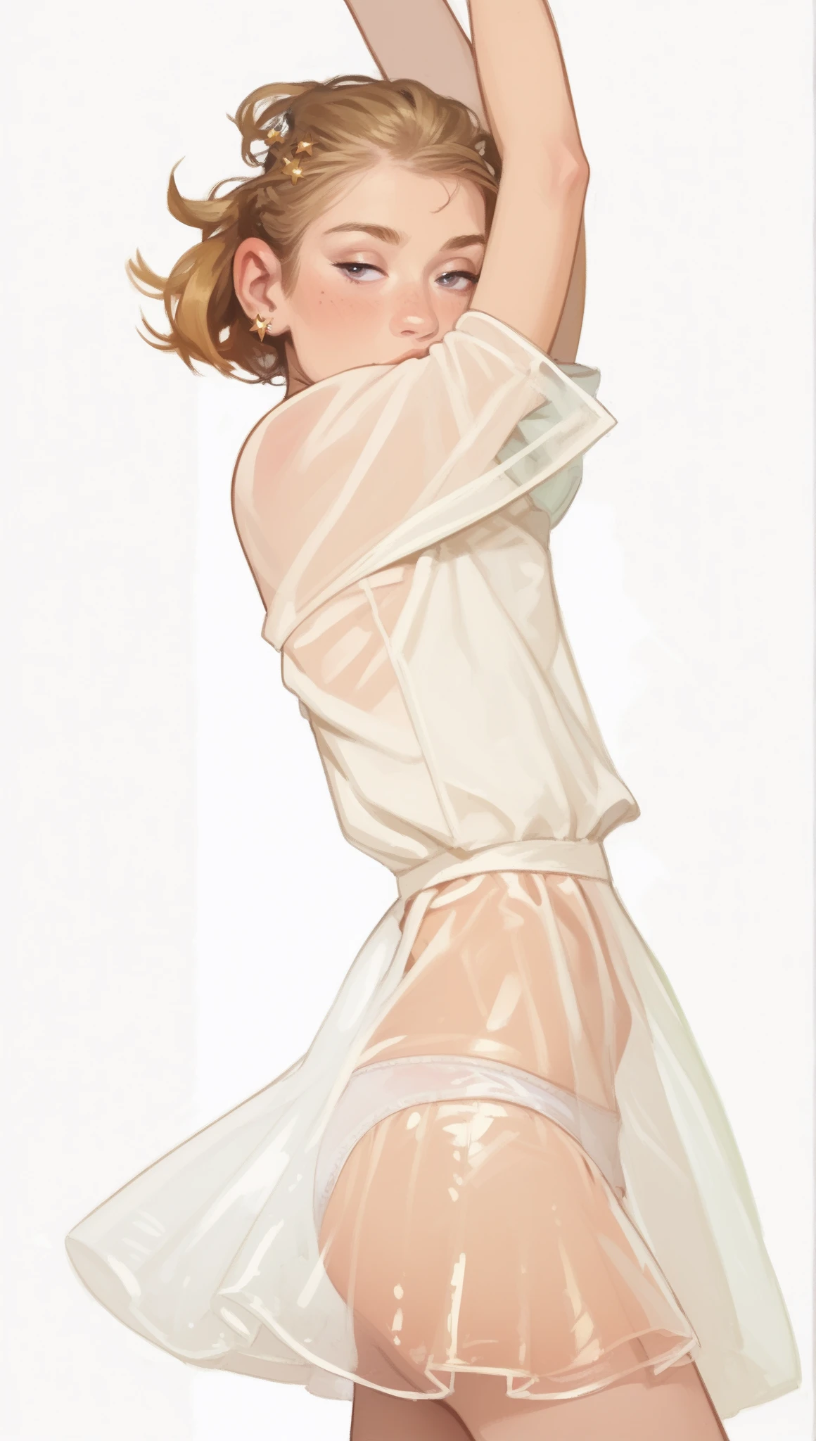 Young Girl、Small breasts、Short black hair、Wearing white underwear、Translucent slip、stage、Asahi