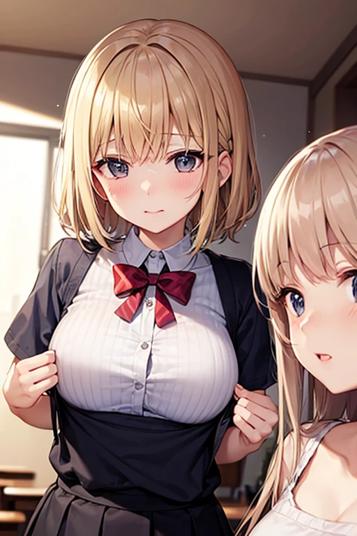 three sexy women in kindergarten teachers outfits who are wives of 4 years old boy with blonde hair, flirtatious smiles, women have various hair colors and hairstyles
