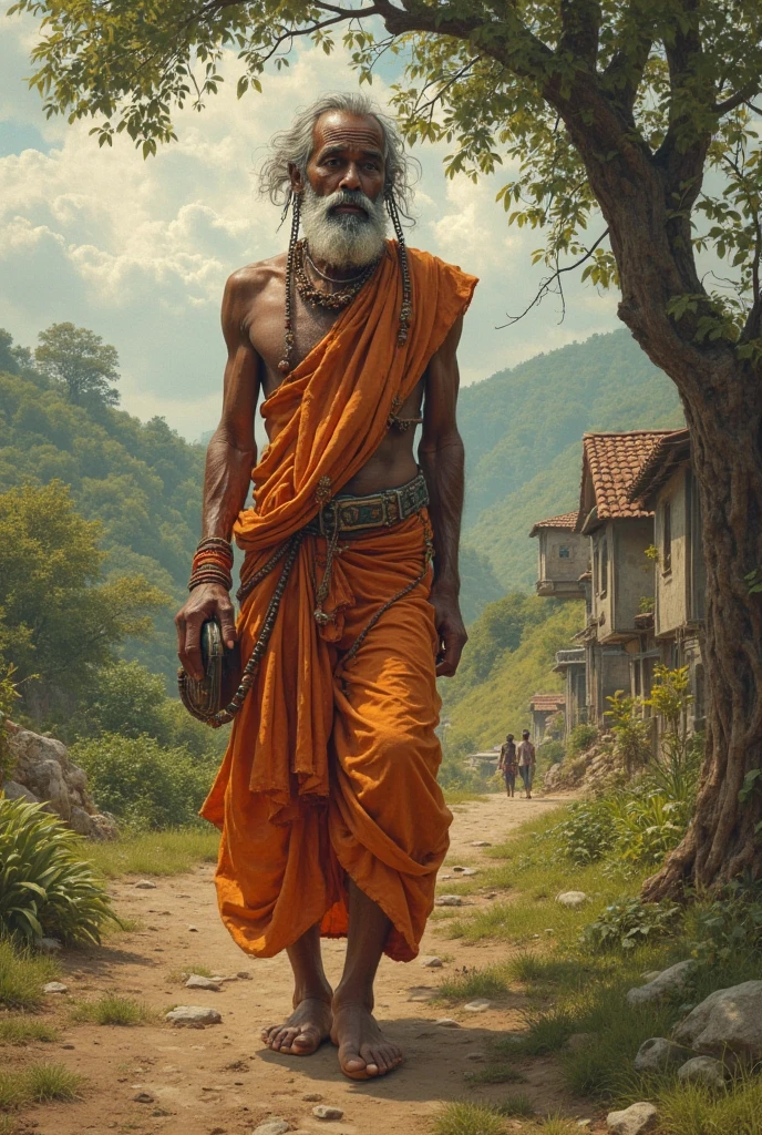 A man is walking alone with sad face. Wearing orange Indian suit. One red dot on head