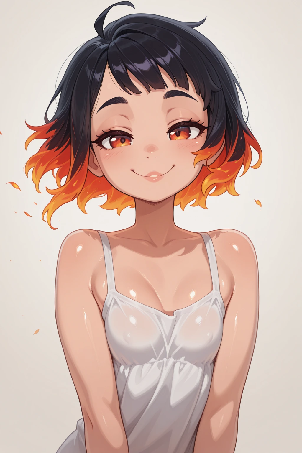 (masterpiece, best quality), 1girl(beautiful face, gwendolyn_tennyson, breasts, naked body, dark skin, black hair, short hair, red eyes, half-closed eyes),,detailed face, a shallow face, , wicked smile, parted lips, solo, head tilt,mascara, full makeup, red lipstick, nude, in the bedroom, night time, standing, Sexy waist teasing, come-on, temptation, wet body (sweat, cum), womb tattoos, cumdrip from her pussy