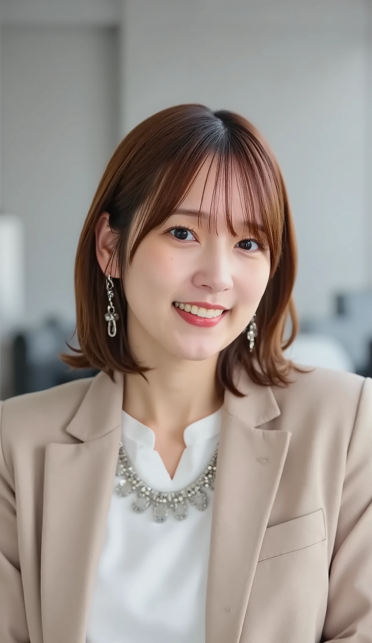 Neat Young Woman、and look at the camera、office lady suit、jacket、shirt、necklace、ear piercing、黒髪、、smile showing teeth、背景はオフィス