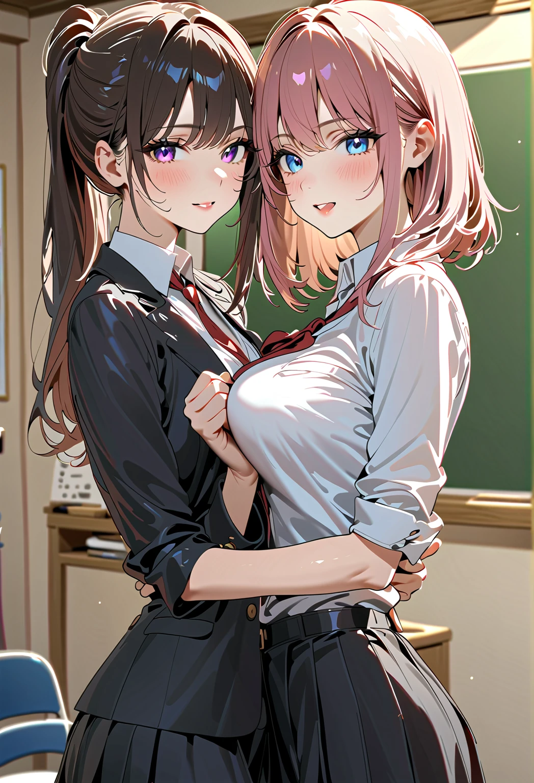 (masterpiece:1.3, top-quality, ultra high res, ultra detailed), (cleavage:1.4),(realistic, photorealistic:1.4), beautiful illustration, perfect lighting, natural lighting, colorful, depth of fields, surrealism,   (embarrassed,blush:1.3),
beautiful detailed hair, beautiful detailed face, beautiful detailed eyes, beautiful clavicle, beautiful body, beautiful chest, beautiful thigh, beautiful legs, beautiful fingers, shiny skin, 
looking at viewer, 1 girl, japanese, high school girl, (perfect anatomy, anatomically correct, super detailed skin), cute and symmetrical face, babyface, perfect face, perfect eyes, 
(middle hair, two side up, pink hair), crossed bangs, purple eyes, drooping eyes, big eyes, long eyelashes, (large breasts, seductive thighs, skindentation), slender, outstanding style, 
((detailed cloth texture, white collared shirt, blue pleated skirt, dark red neck ribbon), black thigh-highs, loafer), 
(beautiful scenery), late afternoon,hands on chest, (lovely smile, upper eyes, open mouth small),