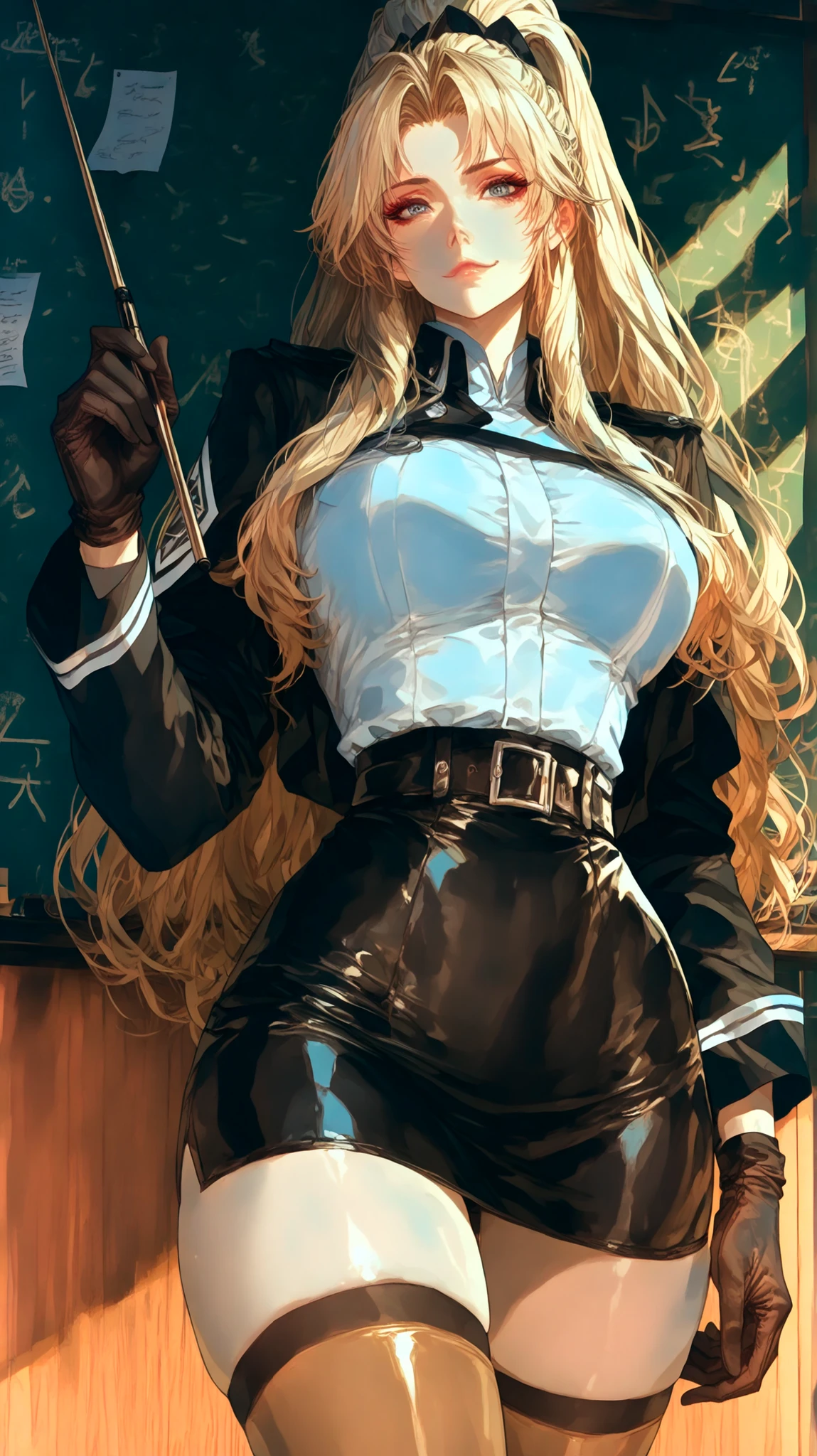saeki kaori (bible black) a beautiful mature woman holding a long wooden pointer in one hand while teaching, a woman appears to be in her mid-twenties,  long blonde hair with  parted bangs, calm and kind expression with a faint smile, wearing a modern military-inspired uniform softened,  standing in front of a large chalkboard with lesson notes, her body is slim and toned, tight leather mini skirt, Female Instructor, military uniform, 1girl, unrivaled beauty, ufotable, parted bangs, streaked hair,  high ponytail, large breasts, eyeshadow,  indoors, teacher, thighhighs,  zettai ryouiki , lipstick, looking at viewer, cute, alive, very long hair, gradient hair, beautiful face, beautiful hair,highly detailed anime style, perfect hands, ((high_quality)), ((Super_Detailed)), dynamic pose, skindentation,,(highly detailed), shiny_skin,intricate, vivid eyes,  detailed eyes, long eyelashes, beautiful eyes, beautiful face, beautiful hair,((4k,8k,Ultra HD)),((Masterpiece :1.2)),((Best quality :1.2)),((Detailed :1.5)),((Detailed background :1.5))