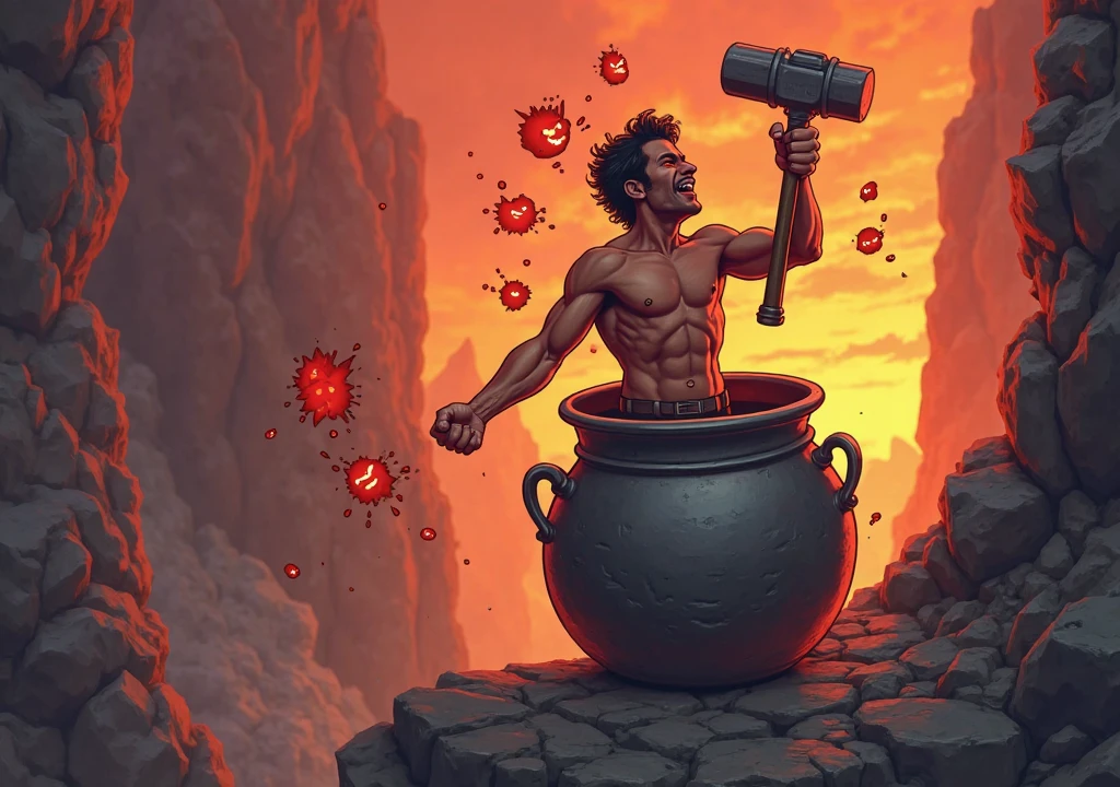 A muscular man holding a tower full of crabs with an arrow pointing to the tower