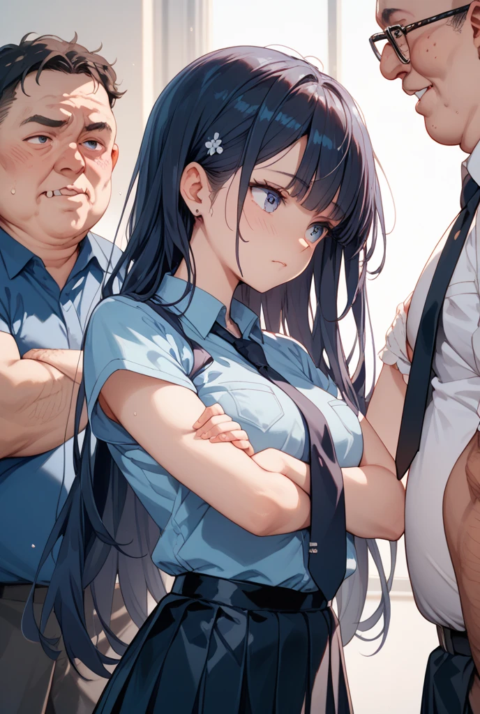 nsfw, best quality, official art, masterpiece, textile shading, HDR, middle-aged man and high school girl、Best image quality、Sailor Mars、Beautiful legs、thin、mini skirt、((Crowded train))、((Big Breasts))、((Nipple protrusions push up the uniform))、Cropped tops、Short sleeve、barefoot、((Wearing a mule))、((An old man is touching my breasts from behind))、((An old man is groping her breasts from behind.))、((The old man behind me is touching my butt..))
