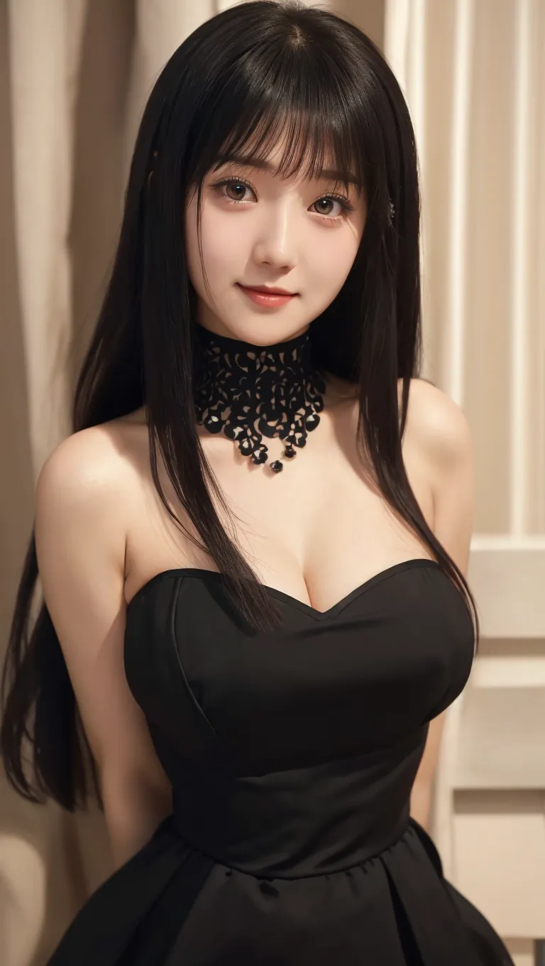 Beautiful black-haired girl with brown eyes and long hair wearing a black dress in a luxury mansion photo shoot close-up of the face 
