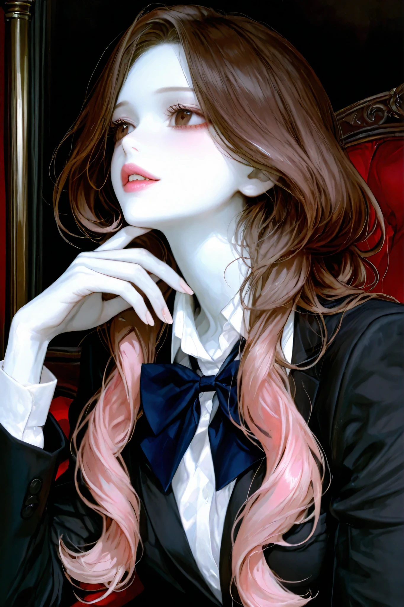 Girl, long wavy and falling brown hair, brown eyes, sharp features, white skin, light pink lips, beautiful, perfect, feminine, classy looking, wearing a formal school uniform, bright colors, high quality resolution.