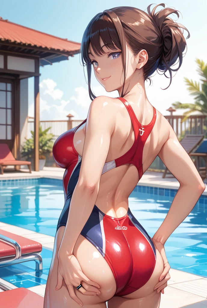 low angle shot，shoot down and up。Crouch down。Contemptuous eyes and firm expression (Glamorous photo of a dedicated female swimmer，She is wearing a red competition swimsuit。), (Strong expression and commitment to excellence:1.2), Inspired by fierce competition,(((milf)))