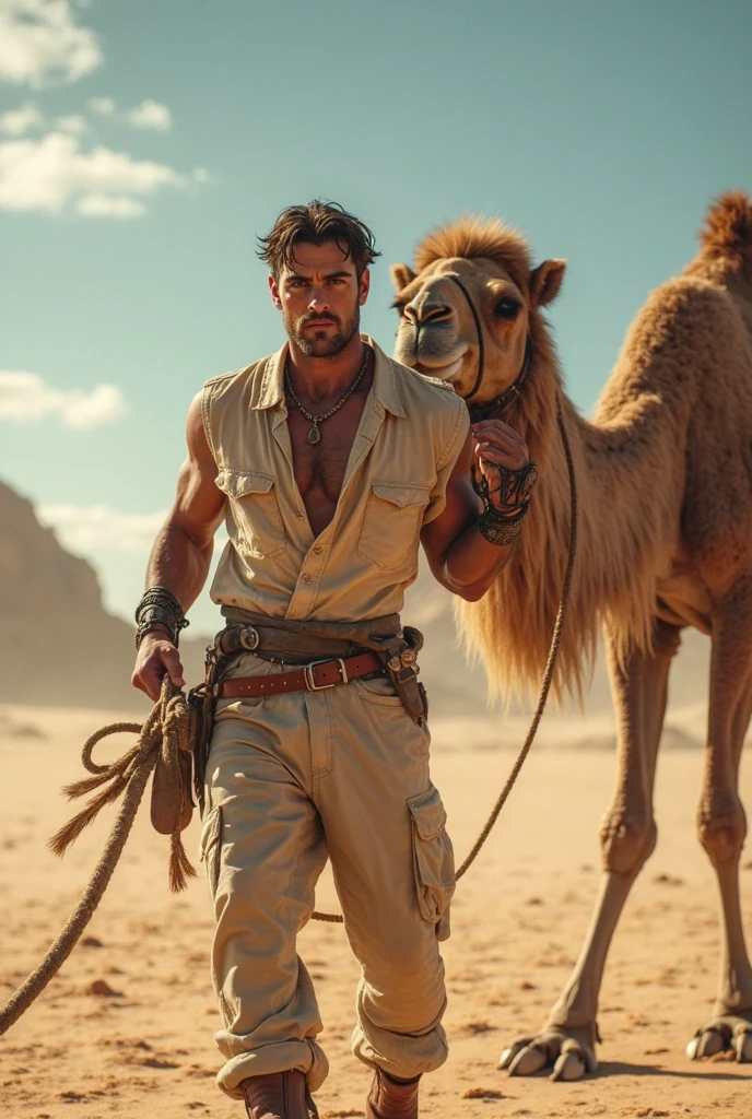 A young skinny white skin handsome handsome shirtless prince in a small Roman carriage with 4 horses in the desert