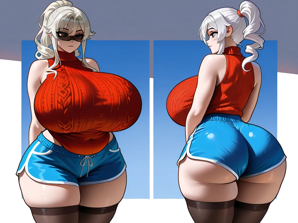 Elaborate CG artwork, (best qualtiy, exquisite detailing, absolute masterpiece), (Head to Toe Image)), ((Full body image)),(((frombelow))),(((posterior view))),(((Very sexy pose))),(Plus Size Model)),((White swimwear)), (((mahogany colored dark skin))), ((Short bob cut,Blunt bangs)),(Beautiful mahogany black skin in sexy pose、One woman in white swimsuit and high heels),(((Light silver hair))), Detailed beautiful mature face, very detailed beautiful face and eyes, (detailed seductive and sharp eyes), (plump shiny purple lips)), (Purple Eye Shadow), blush, (sadistic seductive smile), (Curvaceous), ( unbelievably huge curvaceous hips), (very huge sensual ass), (ridiculously massive thick thighs), (glittery skin), (wet oily skin), Fingernail Art, Jewelry, Bracelet, hoop earrings