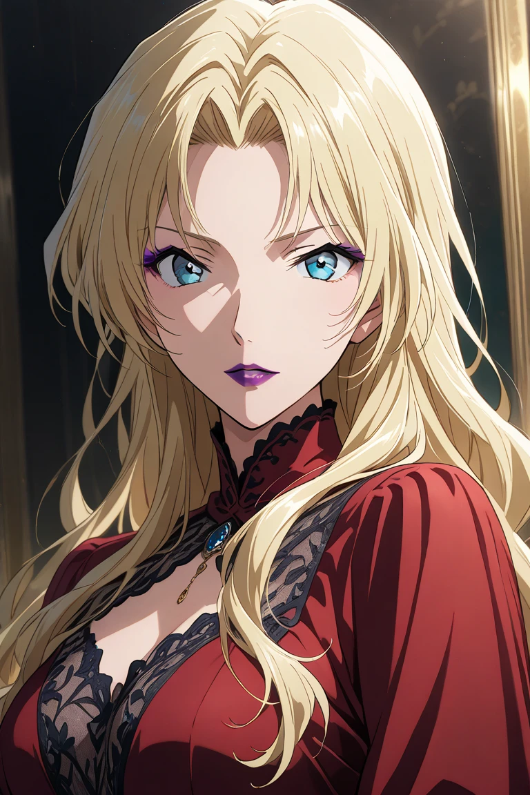 <lora:Kongou_Aoki:0.7>,red eyes, blond hair, blue lips, a closeup portrait of a playful maid, undercut hair, apron, amazing body, pronounced feminine feature, busty, kitchen, [ash blonde | ginger | pink hair],  flirting with camera, sexy clothes, (illustration), (anime), cartoon, detailed, ((intricate details)), hdr, ((intricate details, hyperdetailed))