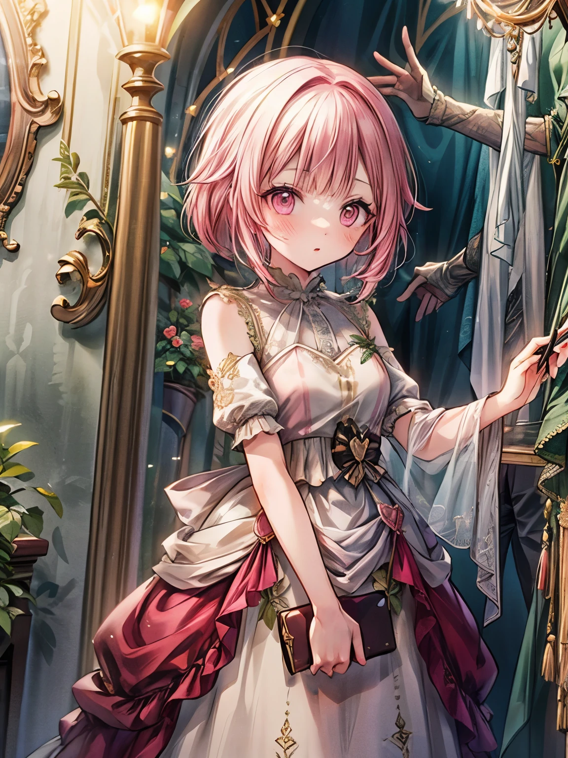 Art:Cornflower ,(masterpiece),(top quality:1.2),(Perfect body),(1 woman in f),Fairy,beautiful and delicate pink eyes,beautiful pink hair,(Pink Dress),(High detail Elegant),Classic style,rich colors,texture Vivid, Fine Skin,Add dramatic and symbolic elements to your scene, writing border depth, Silky to the touch,Dynamic composite,delicate texture,standing in a field of green plants and flowers,Warm light,brush strokes