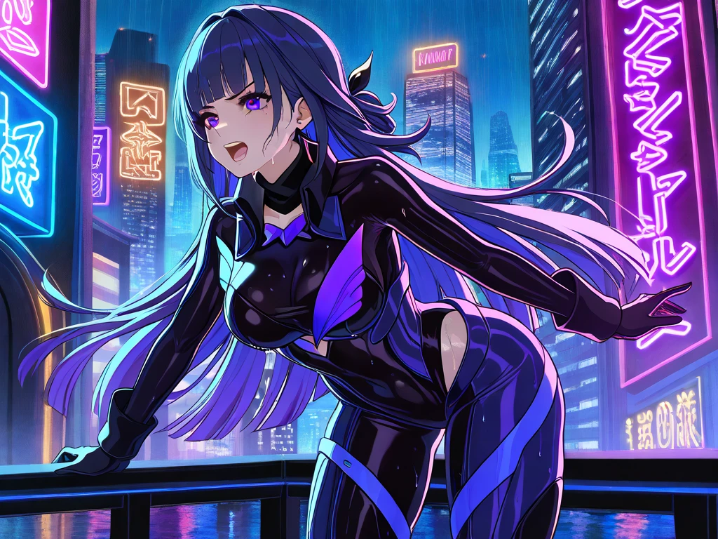 photograph、high quality、(Close-up shot of one girl)、to8 contrast style、mechanical arm、cyborg、slime colored skin、liquid slime skin、raise your arms、face mask、slime girl、red eyes、((dark、Tokyo Night Background、Turn off the lights、hard shadow、deep contrast)))、pantyhose、blue light、model shooting style、Small breasts high definition CG uniform 8K wallpaper)、whole body、most beautiful artwork in the world、Trend on ArtStation、CGsociety trends、complicated、high detail、sharp focus、dramatic、night starly sky、Photorealistic painting art by midjourney and ilya kuvshinov、