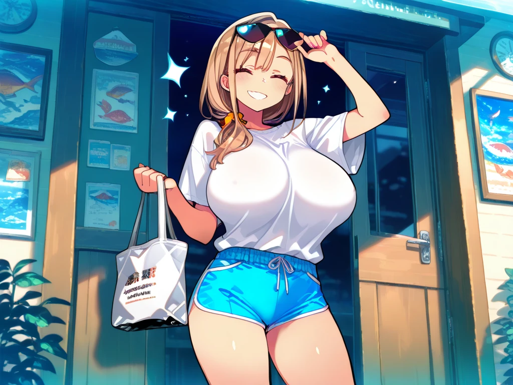 1girl, blonde hair, ponytail, wolf ears, tan skin, tan, highleg panties, panties, micro panties, cameltoe, sports bra, black sports bra, ((mall)), mall, ((shopping)), shopping, bare legs, no pants, yellow eyes, huge breasts, thick thighs, wide hips, smile, happy, shopping bag, ((from beloe)), from below