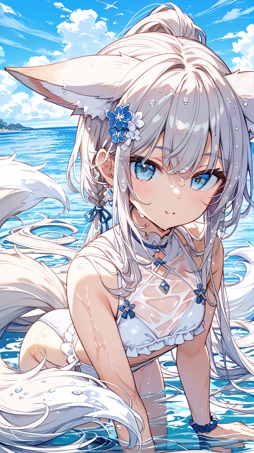 Masterpiece, top quality anime illustration, super detailed, one girl, solo focus, beautiful girl with silver hair cat ears, anime loli, cat eared loli, thigh emphasis, god Bastet, bathing in desert oasis, wet sheer
