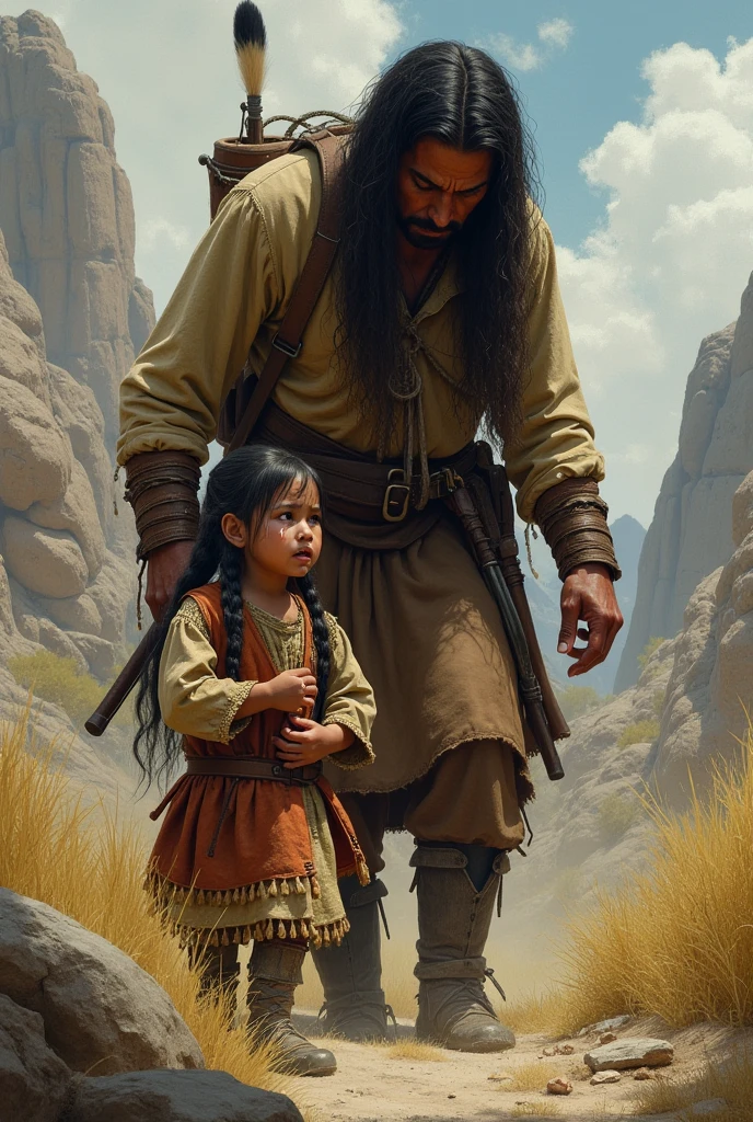 A warrior in leather clothes , holding a boy in your arms