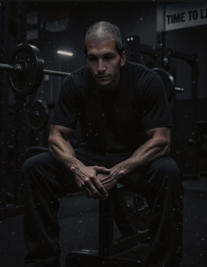 Homem sentado em degraus em uma academia com um capuz e Bone, pernas fortes, legs and arms, coxas musculosas, pernas musculosas, pernas do peito, Directed by: Juan Carlos Stekelman, athletic and strong, rasgado, Photo adjustment, forte e imponente, Desfiado, alto e musculoso, Directed by: Denis Eden, Pose forte