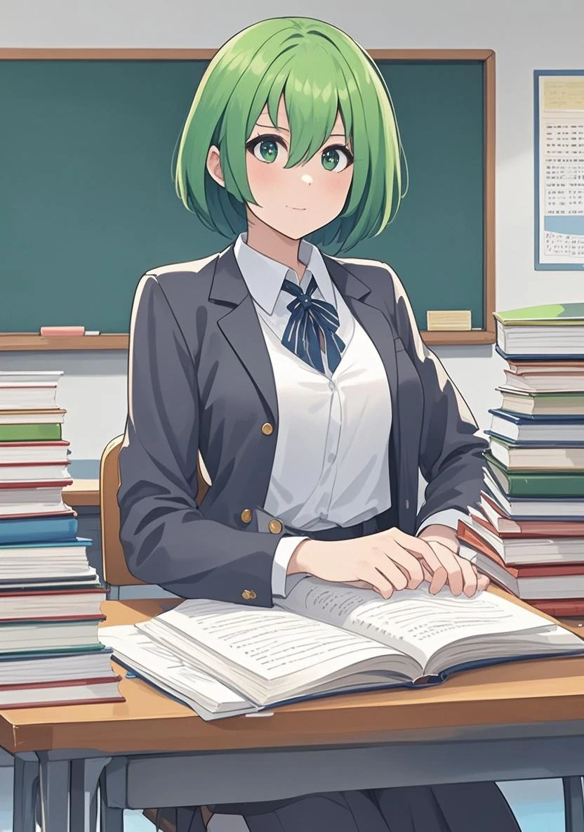 (high res, ultrasharp, 8K, masterpiece, looking at viewer), Tatsumaki, , short tie around the neck, Black Glasses, gold earrings, sit on the chair, reading Novels, The atmosphere in the classroom is busy, Lunch Time, Classroom