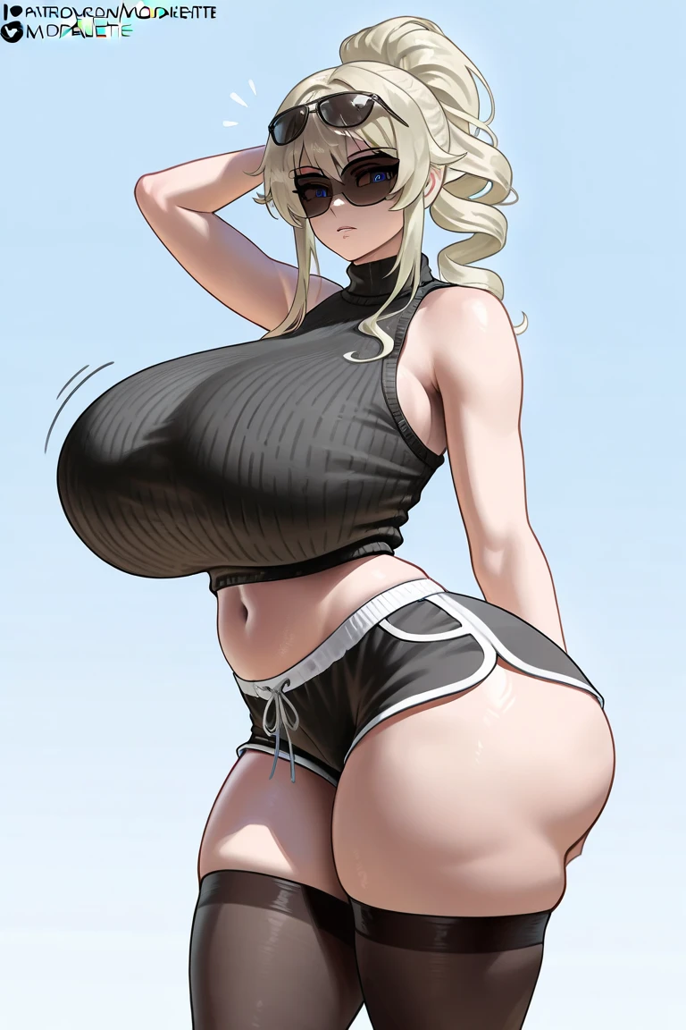 1 Girl,Blonde Hair,Medium Bob,Big Breasts,Firm breasts,Fleshy body,Heart speech bubble,(He has a black mask over his mouth),Patent leather bikini,High heels,(Squat),(Hands above head),Dim lighting