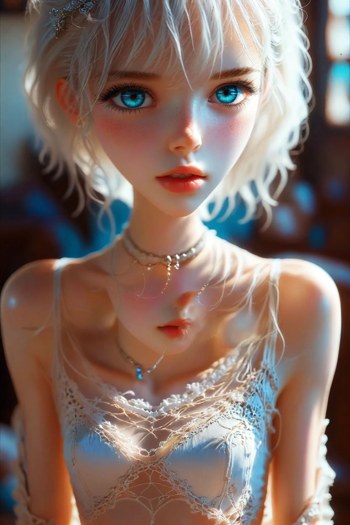 nude、naked、Gentle expression、Young and shiny white glossy skin、Looks great、Blonde reflection、Short shoulder-length platinum blonde hair with dazzling highlights、Bangs between the eyes、Bangs on the face、Bright shiny hair, Silky straight hair、beautiful shiny bangs、Sparkling, clear, attractive, big bright blue eyes、so beautiful, Lovely and cute girl、Ample Bust、Healthy glowing skin、Small-faced、Round face, Spread your legs, Put your arms behind your back, sit on an object, whole body
