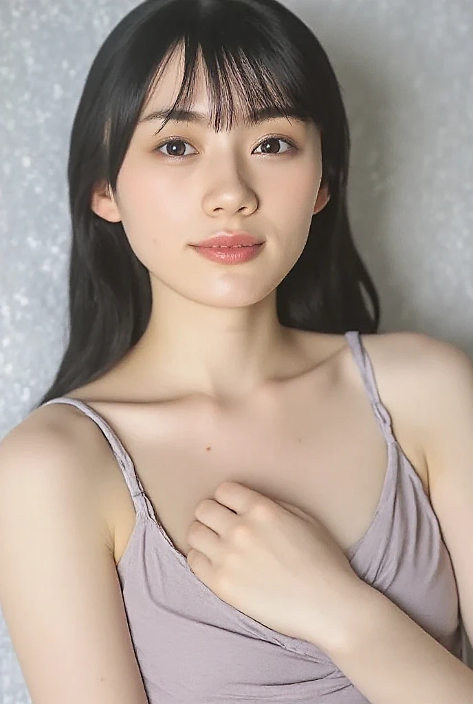 High resolution、High resolution、In 8K、RAW Photos、Highest quality、masterpiece、One teenage girl, (flat chest like a boy:1.2), ((Skinny body:1.2)),  Wavy Hair, nude、Completely naked, Anatomically correct,bangs、Waist