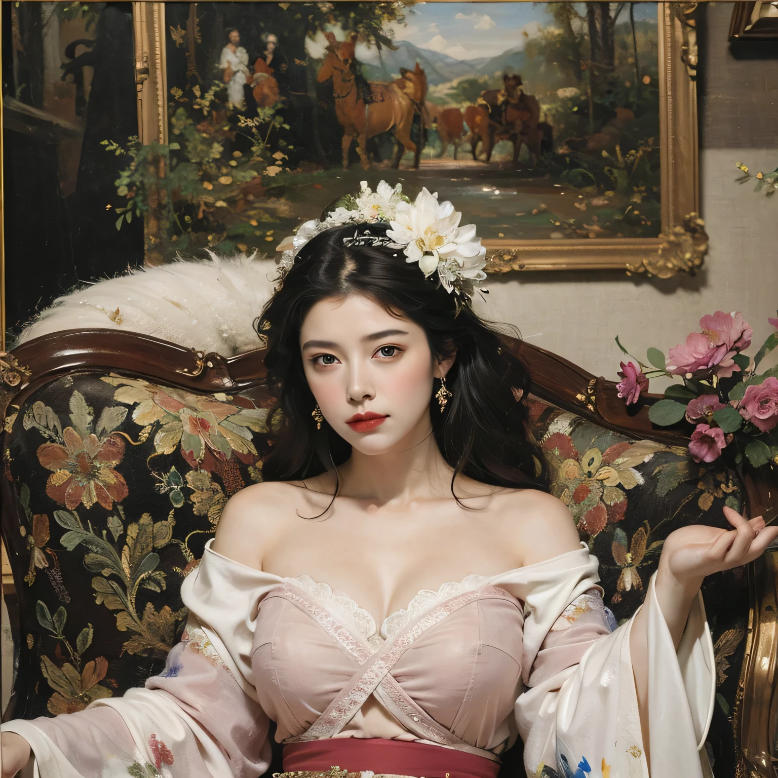 1girl,bushing,girl,cheongsam,Chinese clothes,Flowering,(masterpiece:1.4),(best quality:1.4),(Glowing skin),Red lips,Looking at the audience,Large Breasts,