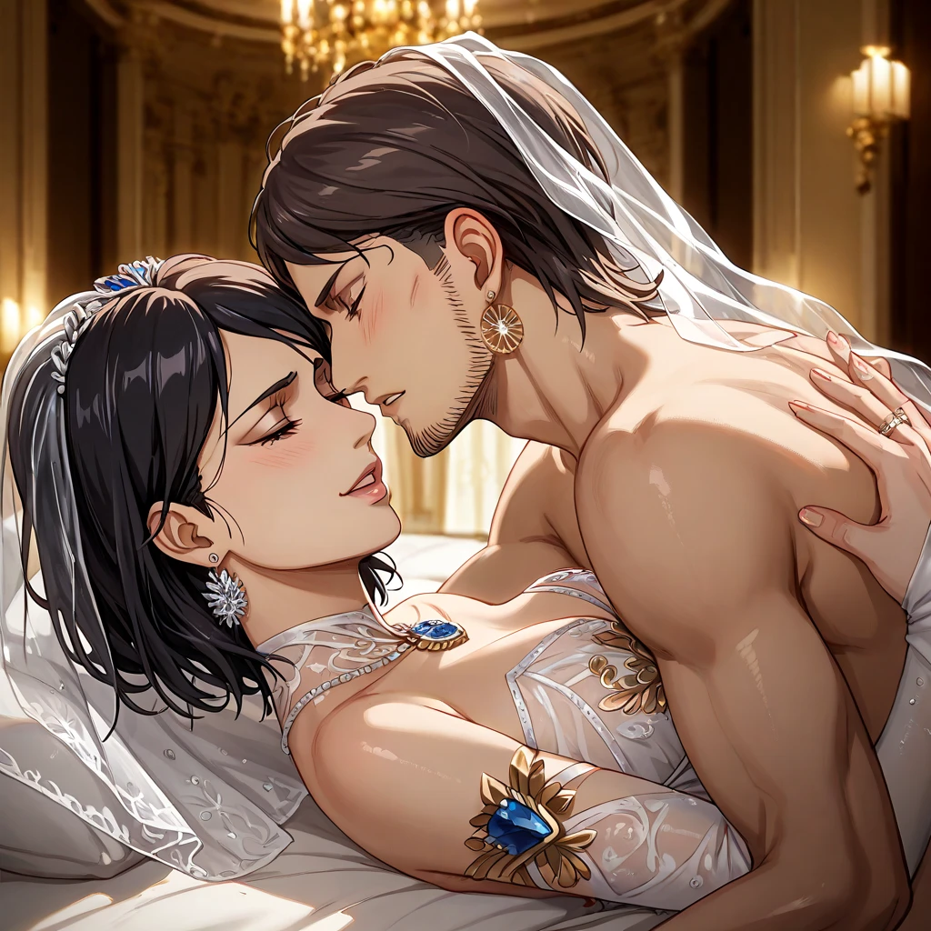 ((highest quality)), ((masterpiece)), (detailed), Perfect Face、((Yuuki Asuna))、Brown Hair、((Men and women get naked))、((They have sex in the face-to-face cowgirl position while holding each other tightly.))、On the bed in the bedroom、((A man and a woman have marital relations on a bed))、A man and a woman are a couple、Gorgeous Phoenix Crown、Woman has a happy face、Gorgeous hair ornament、Earrings、necklace、Bracelet、Luxury accessories、(The woman is the empress)、(The man is the prince)、((Woman hugs man))、(The man puts his hands around the woman's waist and hugs her)、((A man, a man and a woman make love deeply in bed))、((The woman spreads her legs and wraps them around the man's waist while hugging him and having sex.))、((A man hugs a woman and has sex))、((A man's penis enters a woman's pussy and semen is released))、((The man has a big erect penis))、((The woman's pussy is exposed and there is semen inside.))、((The man has a big dick))、((The woman is an exposed pussy))
