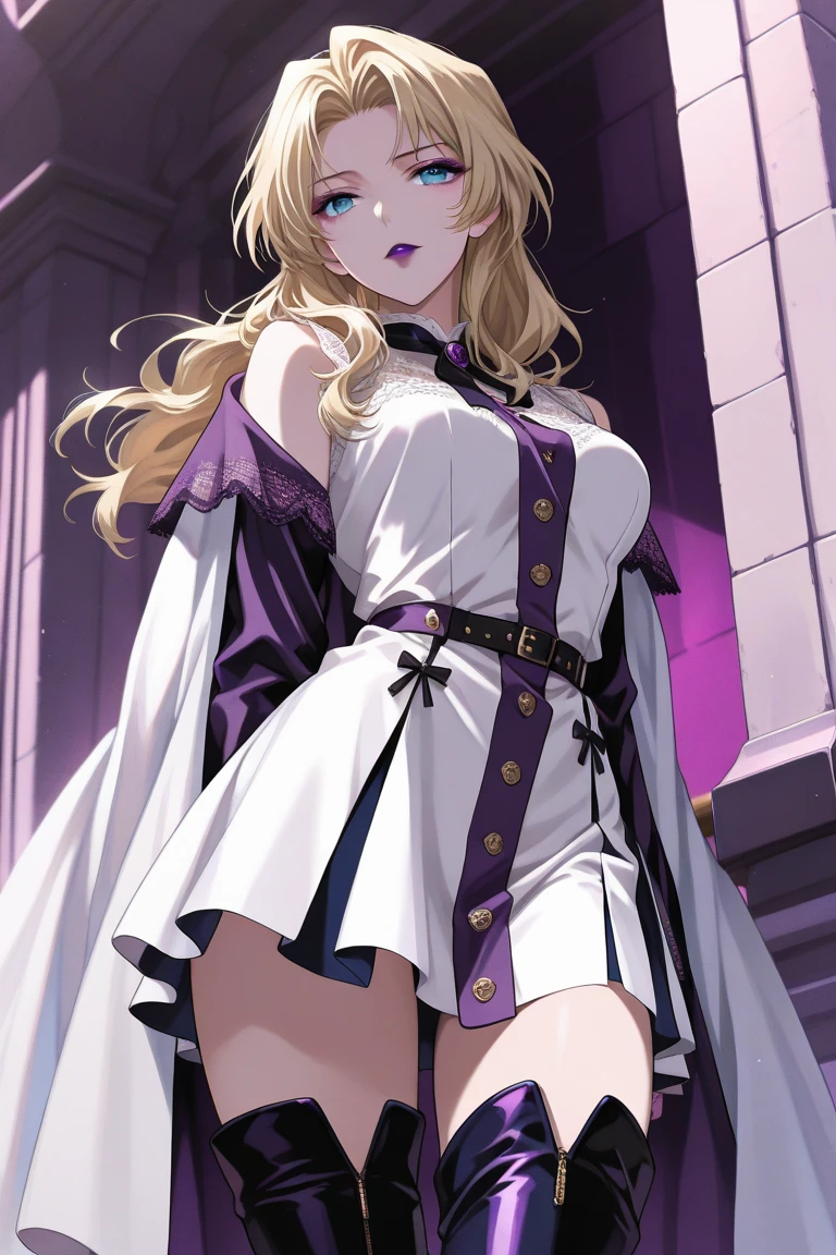 masterpiece, best quality,  <lora:hornskuld-nvwls-v1-000009:0.9> skuld, twin drills, horns, hairband, earrings, detached collar, dress, long sleeves, cleavage, white cape, frilled black thighhighs, large breasts, cowboy shot, looking at viewer, profile, night sky, victorian architecture, from below