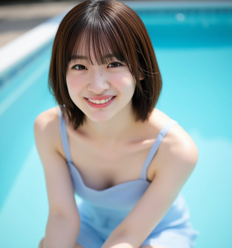 (((1girl)))top-quality, ​masterpiece, , The ultra -The high-definition,(((Portrait photos)))、Angle from above、 (photorealisim: 1.4), RAW Photography, Beauty Japan, A hyper-realistic、cute smile face、Beautiful Japan Woman、((Poolside at night))、Japanese ido (Japanese actressl)、full bodyesbian、a smile、curvy girl、Constriction、ultra-detailliert、Unreal Engine、((student clothes))、(((a miniskirt)))、huge tit、medium short hair、A dark-haired