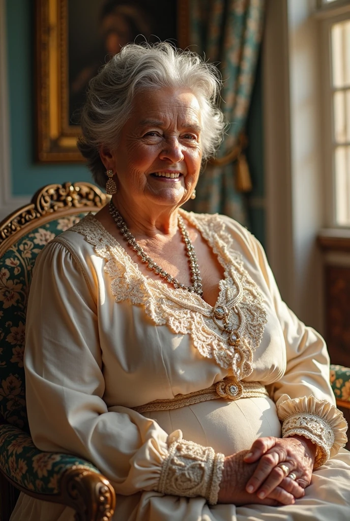 (gorgeous queen elizabeth 80yo ), (huge saggy breast:1.6),  (dressed for a party with elegant white chiffon shirt:1.4), (black skirt), (sitting on sofa), lipsticks