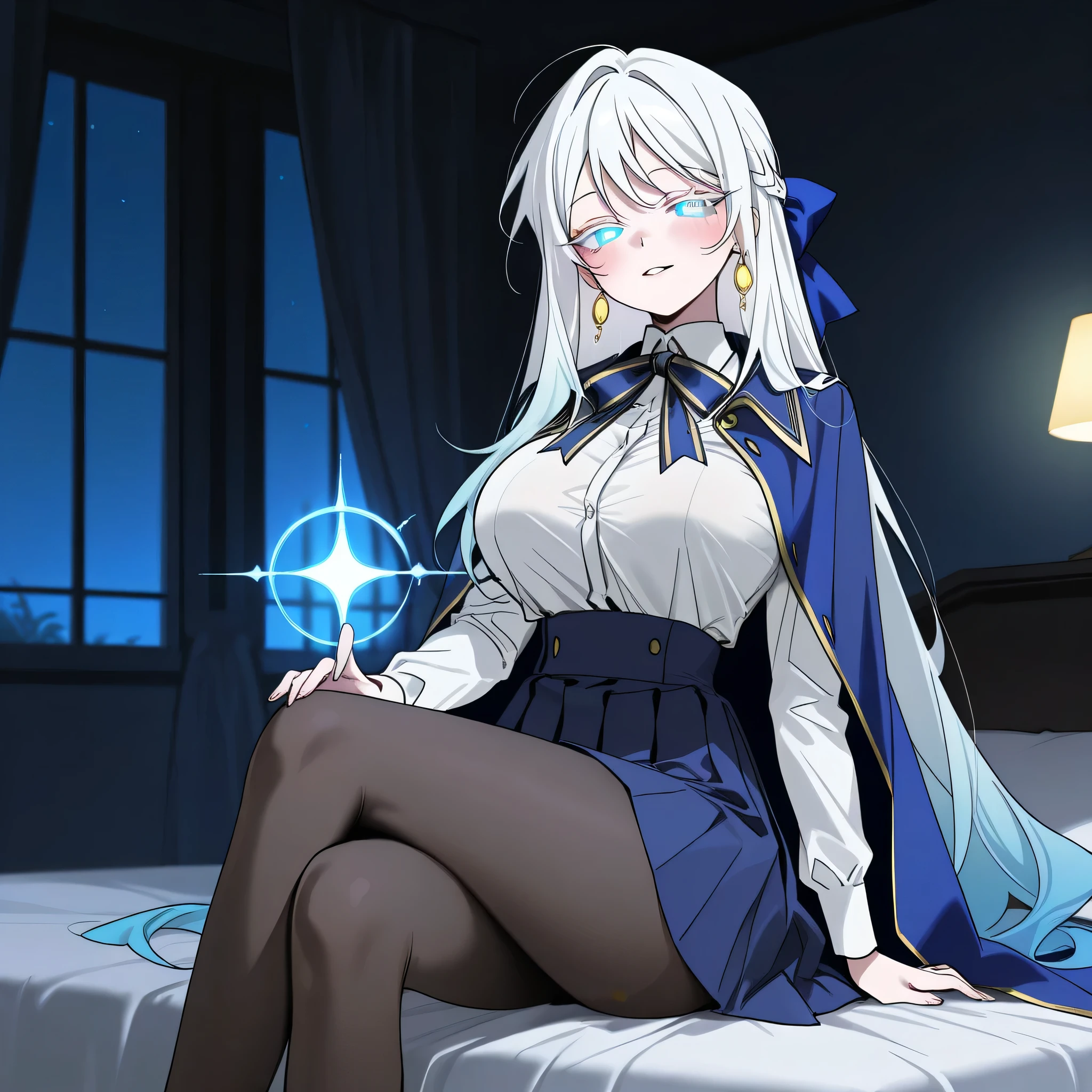 score_9, score_8_up, score_7_up, 1girl, sole female, only female, (top quality, 8k), high resolution, smooth, best quality, highly detailed, in bed, (dark room), large breasts, glowing hypnotic waves in the background, at night, masterpiece, high quality, absurd resolution, blush, hypnotizing viewer, kaa eyes, jewelry, gold loop earrings, very long hair,very long hair, {{an extremely delicate and beautiful}},(((delicate face))), school uniform, neck ribbon, braid, hair bow, white shirt, blue cape, blue skirt hongbiyeon, gradient hair, white hair, white eyelashes, hands above, white blouse, shirt tucked in, boob tent, taut clothes, black pantyhose, blue pleated skirt, high waisted skirt, crossed legs, very thin legs, long legs, cowboy shot, hypnotizing_viewer, hypnotic_eyes, seductive, glowing eyes, ringed eyes