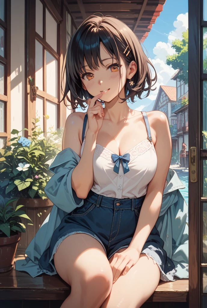 8K,Beauty, erotic body, Cute type, anime、 night background, cute clothes, midnight, big breasts, short hair,countryside,summer