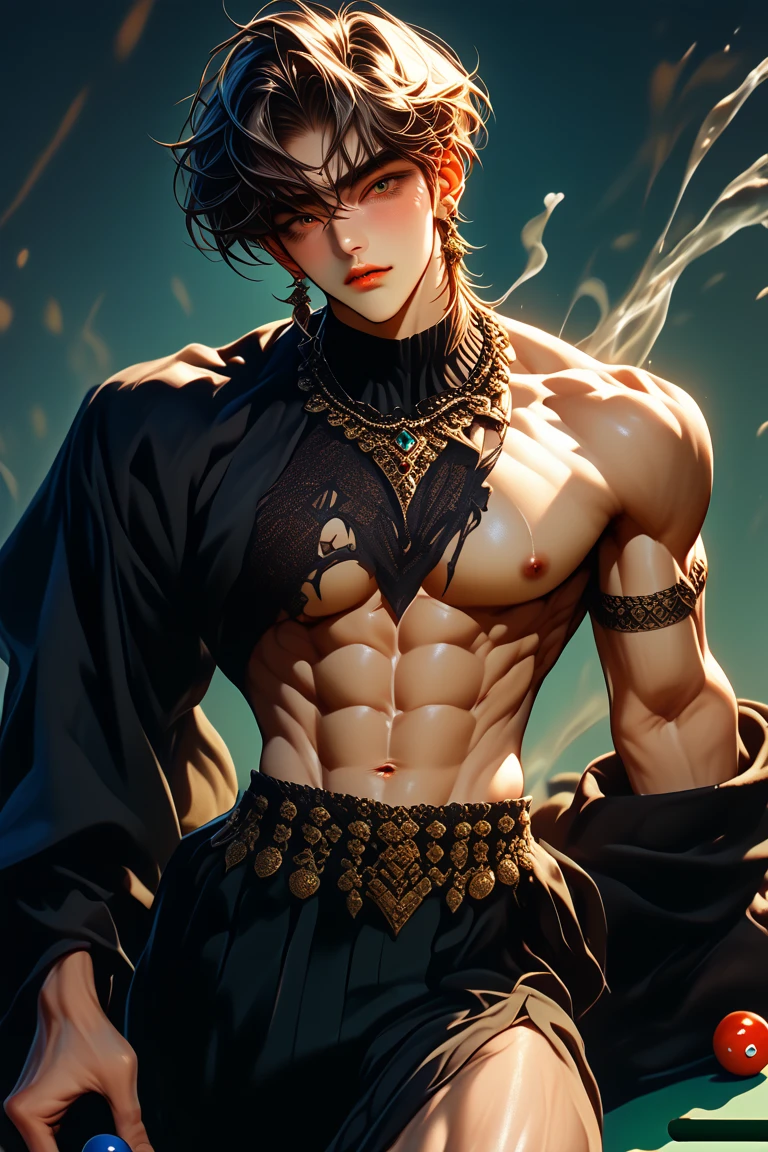 8k, complex, elegant, Very detailed, majestic, digital photography, surreal painting, defeat magic, Winding lightning, (masterpiece, side light, fine and beautiful eyes: 1.2), HdR, (bright blue eyes)), Naked upper body, (bright tattoo), elegant boy, cana, musculature, Dark skin, demon horn, Raining, elegant, in front of the camera, masterpiece