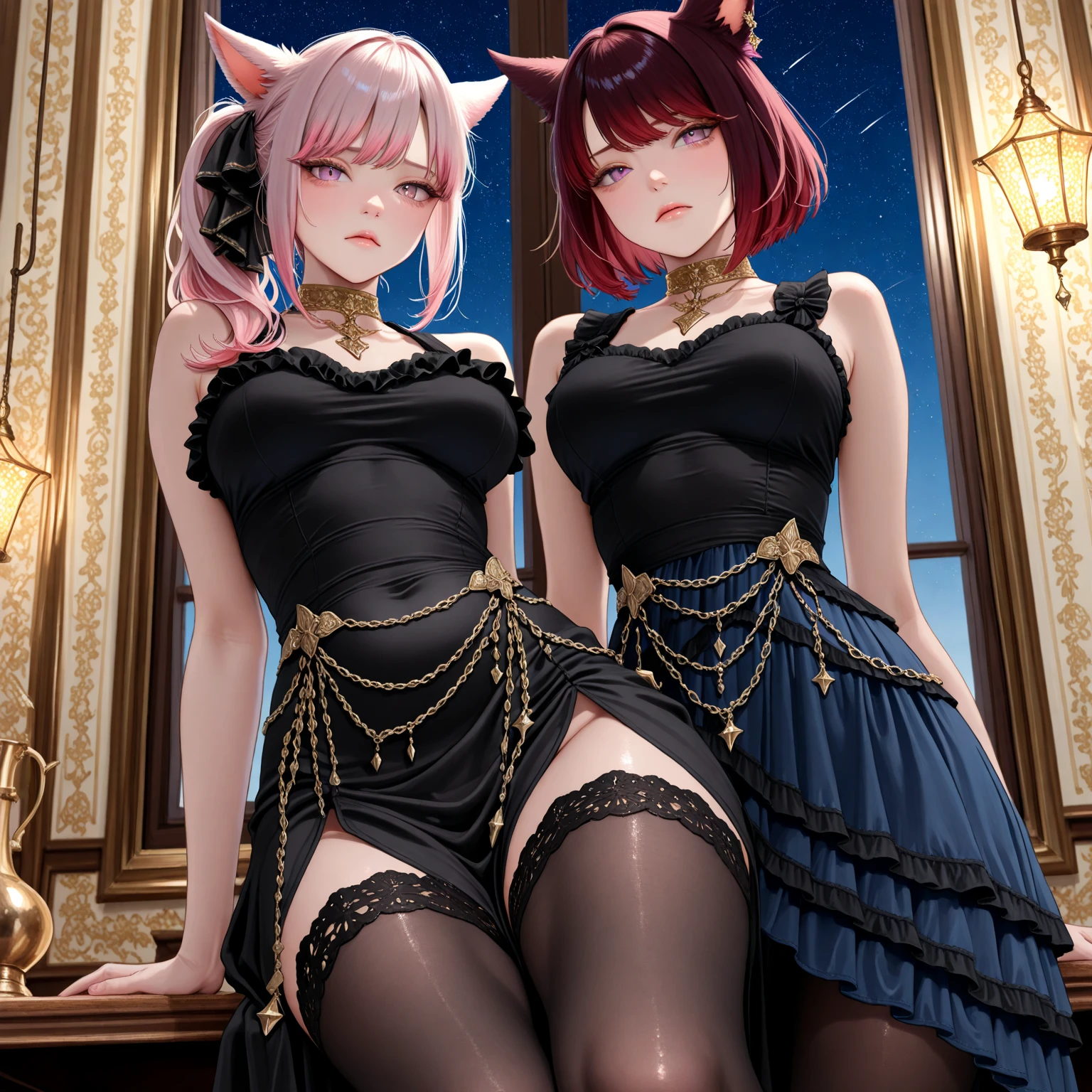 Detailed advertising posters, Award-Winning Works,(top-quality,High resolution,(Ultra high definition,4K), (超A high resolution,in 8K),masutepiece:1.2), (Perfect Anatomy,Anatomically accurate), ((Angle from top)), (Soft lighting, rendered), ((very beautiful goddess mother and daughter)), ((detailed goddess)), (((evening gown))), ((Beautiful night view from the luxury lounge)), (shoulder to shoulder, Goddess mother and daughter standing), (fascinated expression), (extremely detailed and beautiful face), (Crisp double eyelids), (Large breasts:1.3), (Soft skin), (Photorealistic), (shinny skin), (pinkhair), (Pixie Cut)