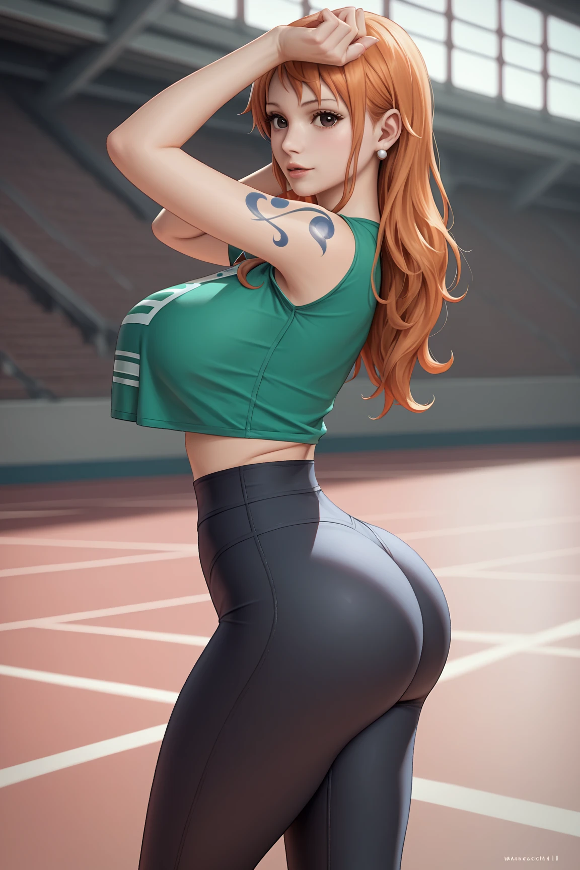 Sports Girl, red hair, redhead hair, Short sports shorts, cling, Rounded Thighs, Light red sports jersey with fox logo, Long red tail, Green eyes, Strong muscles,,, Big booty, Tight butt, Strong, sweaty, pixel, hiquality, Pixel Art, pony tail, red t-shirt, black shorts, hiquality,