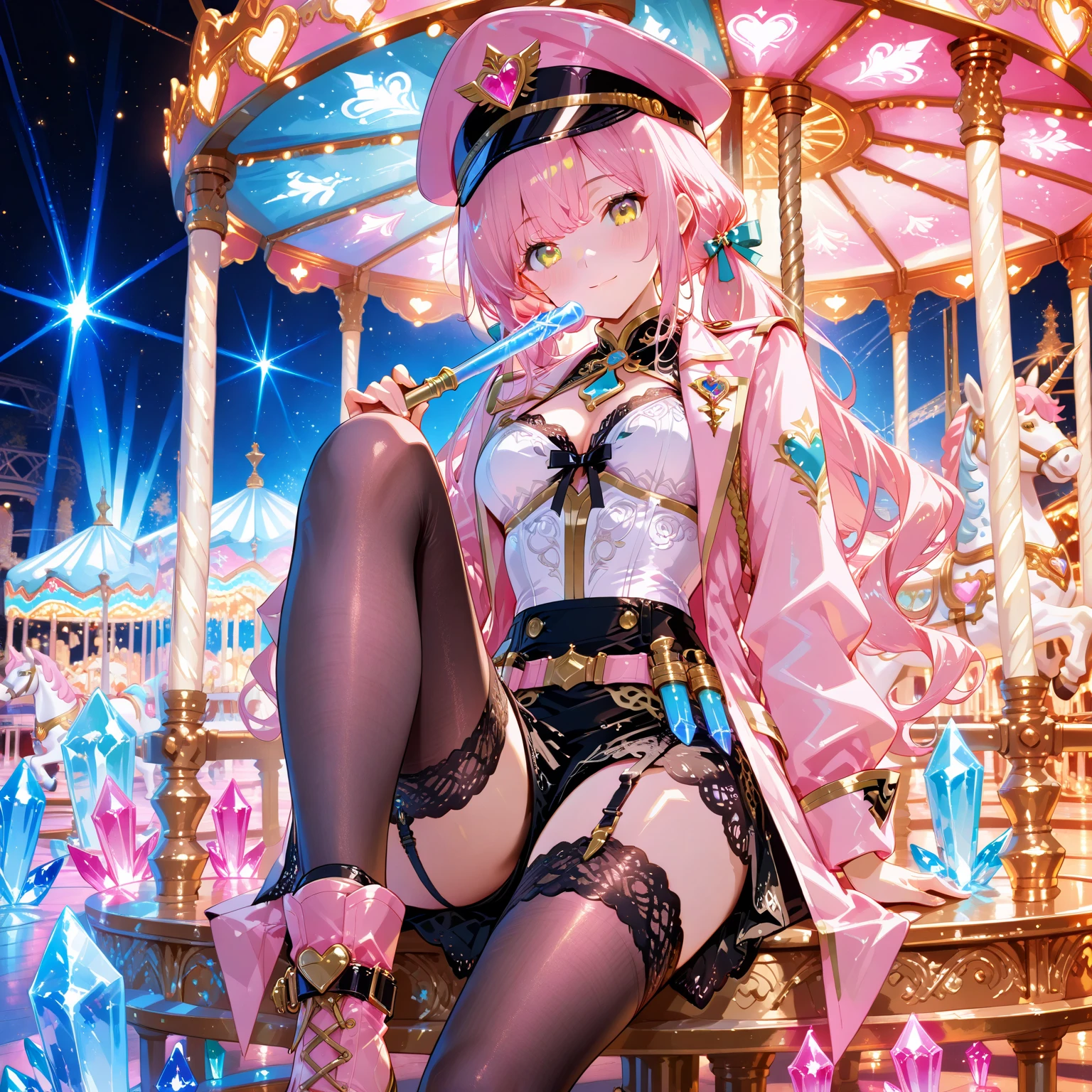 (masterpiece, best quality),  intricate details,
1girl,   <lora:KitsuneAi-HimemoriLuna-LoCon32V1:0.8> himemori luna,   thighhighs, single hair ring, long hair, crown, crescent earrings, candy hair ornament, hair ornament, high heels, mismatched legwear, bracelet, pink dress, mini crown, princess, bare shoulders, vertical stripes, wavy hair, bow, crescent print, vertical-striped thighhighs