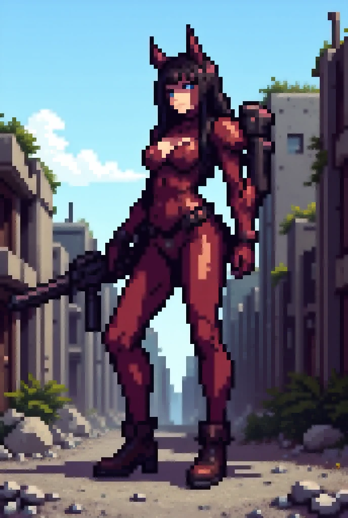 full body standing good face, nice ass, red spiky hair, beautiful woman, wide hips, cleavage, jumpsuit, leotard, heavy boots, apocalypse, muscular, thights, Mature woman, Abs, looks at the viewer, lustful smirking smile face red blush
