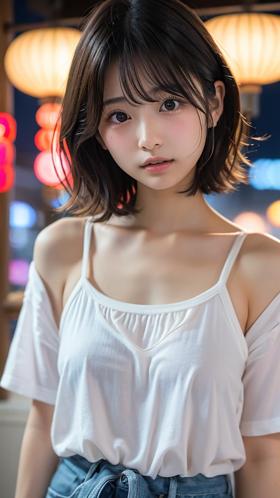Mix 4, (8k, Live Shooting, Highest quality, masterpiece: 1.2), (Real, Photorealistic: 1.37), One Cute, night, rain, Wetty, Professional Lighting, Photon Mapping, Radio City, Physically Based Rendering, Gradient black hair, Gray Hair, Short Curly Hair, good looking, Highest quality写真, High resolution, 1080P, (Clear Face), (Detailed face description), (Detailed hand description), (masterpiece), (Exquisite CG)、Extreme light and shadow、Disheveled Hair、Masterwork、Rich details、(Fine facial features)、(Highest qualityの写真)、(Masterpiece)、(Detailed eyes)、Look in front of you、Detailed clavicle、((Mid-breasted))、Nipple erection、Sexy、Lady、Clear、Smooth Hair、No shine on clothes、Wearing a large, loose T-shirt、The lower half of the body is covered by a T-shirt、He was only wearing a T-shirt、I&#39;m not wearing pants、No pants、