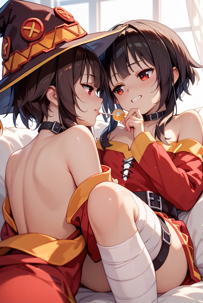 (masterpiece, Highest quality), One girl, Megumin(A blessing to this wonderful world), One girl, alone, Red Eyes, Long Hair, Black Hair, Witch Hat, Red Long T-shirt, Magic Runs Out, Weakness, (Prone:1.8), Turn your back on the viewer, Heterochromia iridis, Spread your legs
