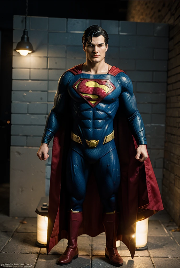 a super muscular man with broad shoulders,handsome face with piercing blue eyes,chiseled jawline,curly dark hair,wearing a blue and red superhero costume with a flowing red cape,standing in a heroic pose on a city rooftop at sunset,cinematic lighting,dramatic shadows,hyper-realistic,8k,intricate details,photorealistic