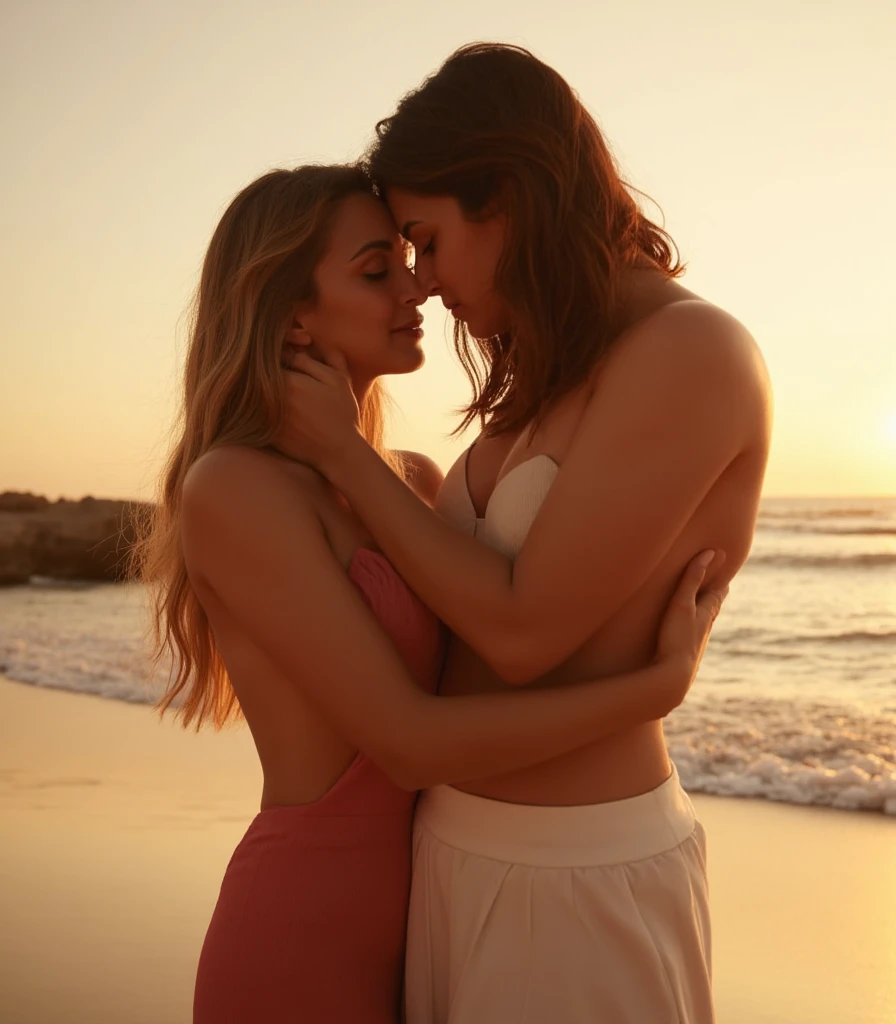Italian women kissing on the beach wearing bikini.They're kissing with their tongues.tongue kissing.pressionando os seios uns dos outros.Imagem HD