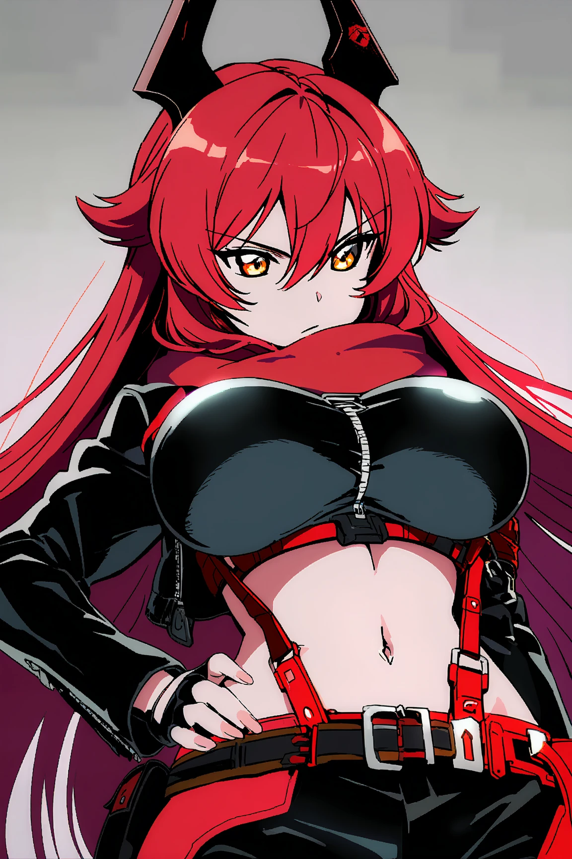 <lora:RedHoodX_XL_V1:0.8> masterpiece, best quality, solo, redhoodx, very long hair, mechanical horns, film noir, dark, unzipped bodysuit, black pants, suspenders, belt, fingerless gloves, asymmetrical legwear, hip vent, midriff, red scarf, (large breasts:0.8), (realistic:0.1), (anime:0.4), facing viewer, sin city style, monochrome, red eyes, city, expressionless, backlighting